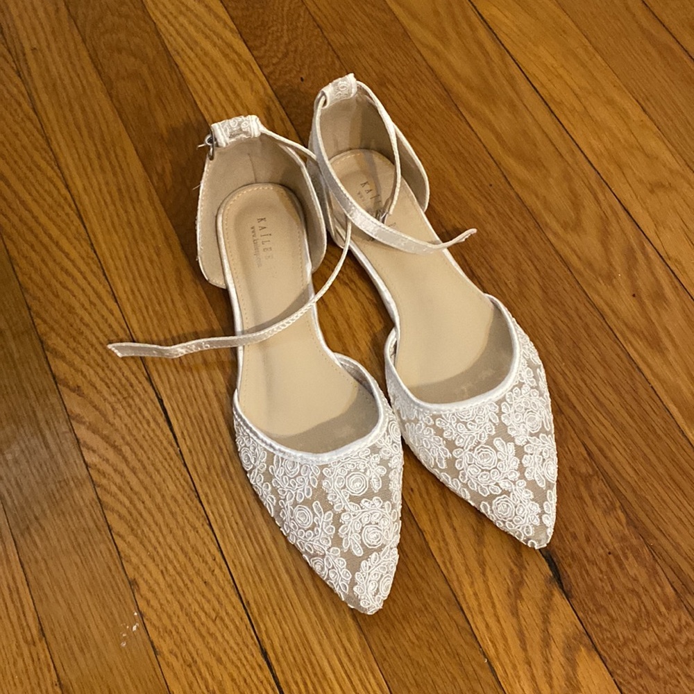 Kailee P White Crochet Lace Pointy Toe Flats with Ankle Strap